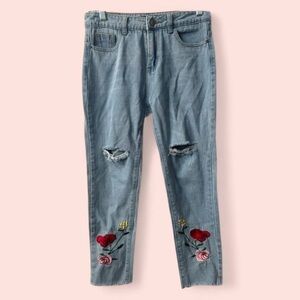 Womens Shadow Jeans Y2K Embroidered Rose Distressed Crop Jeans Light Wash Size L